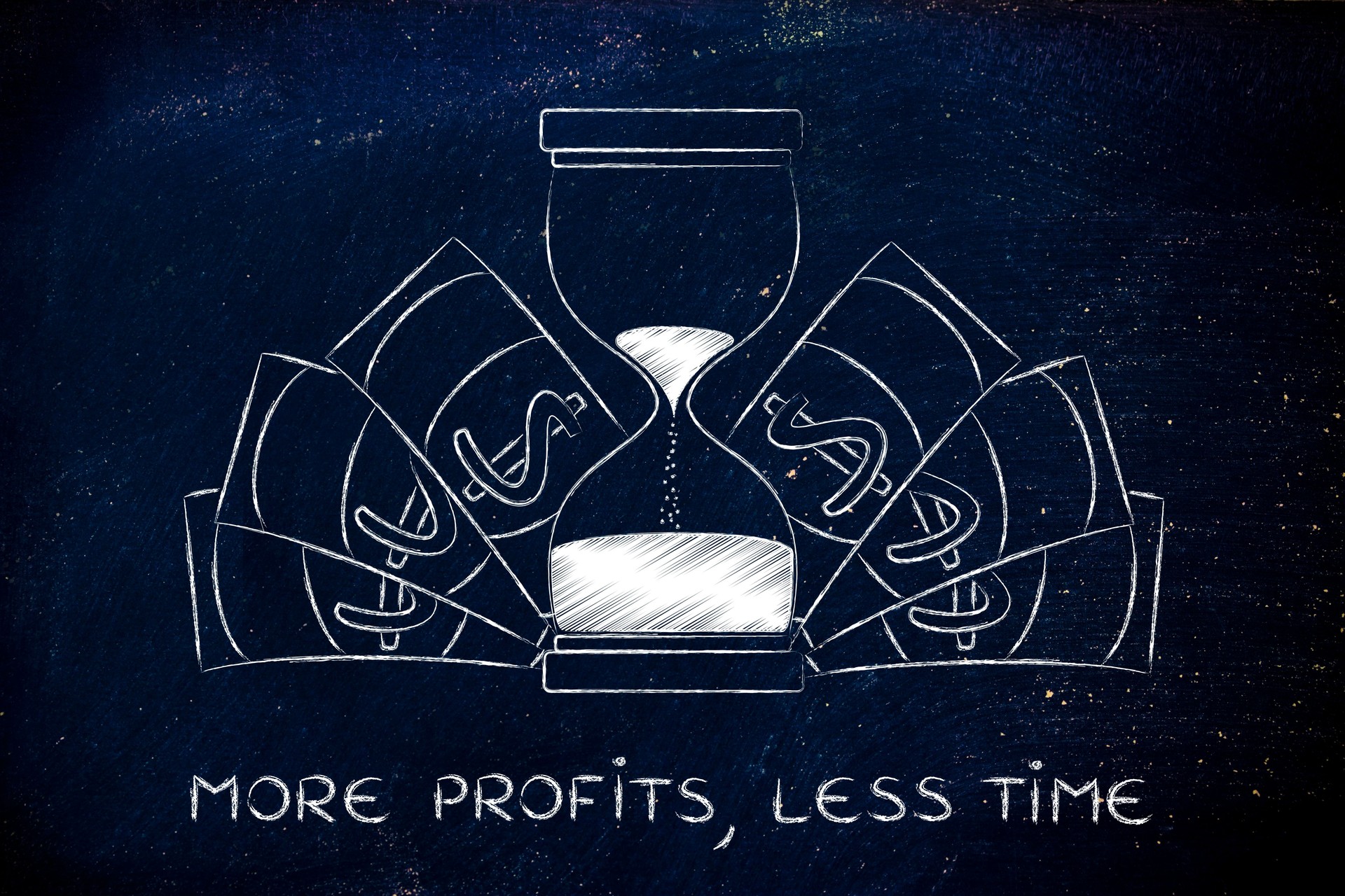 more profits in less time: hourglass with cash